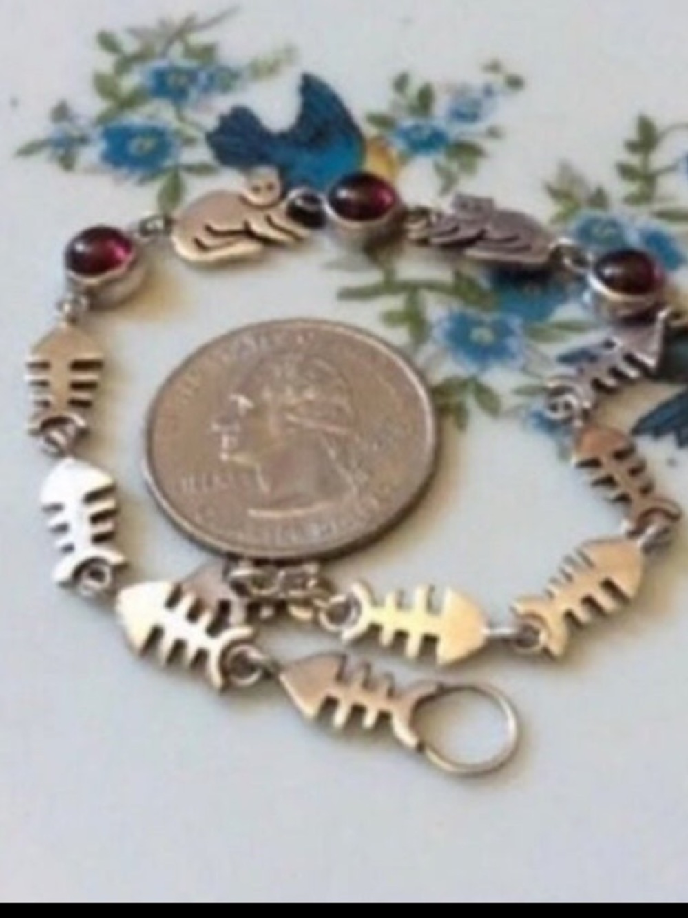 Vintage Fish bones cat garnet gemstone link bracelet sterling silver 925 - Picture 12 of 16